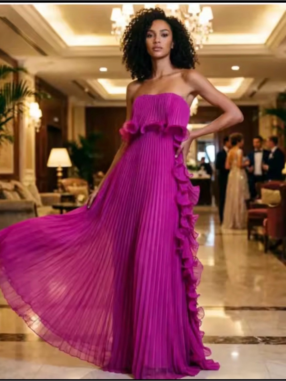 Strapless Pleated Ruffle Gown in Fuchsia / Violet